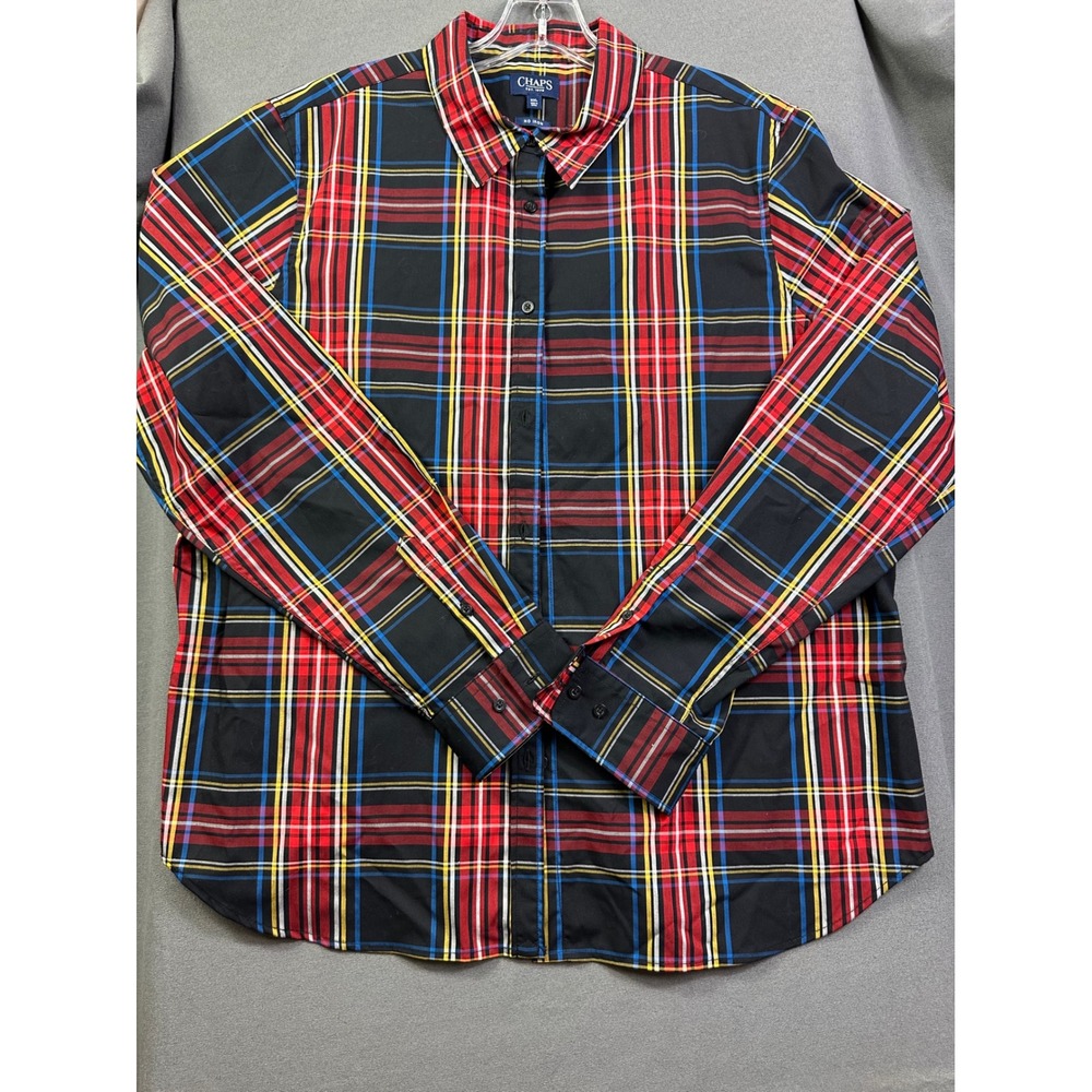Chaps Men's XXL No Iron Plaid Button Down Shirt Long Sleeve Red Black Tartan